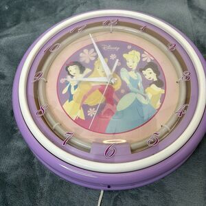 Vintage Disney Princess Clock Purple 11" Snow White Cinderella Belle Aurora LED